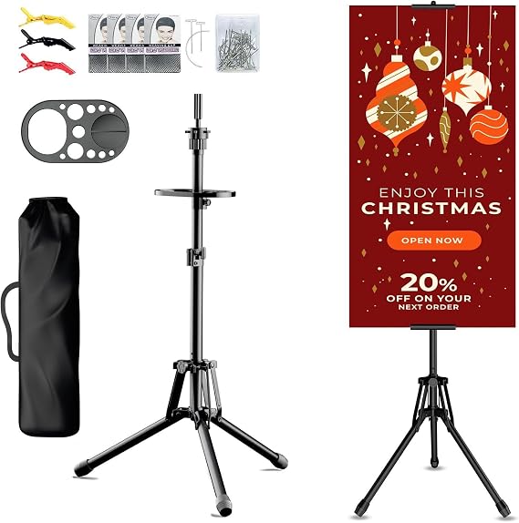 Poster Stand + Wig Stand - 80'' Adjustable Sign Stand Tripod, Retractable Poster Board Stand Double-Sided Banner Stand + Wig Head Stand with Tool Tray, Adjustable Height 31" - 57" with Portable Bag