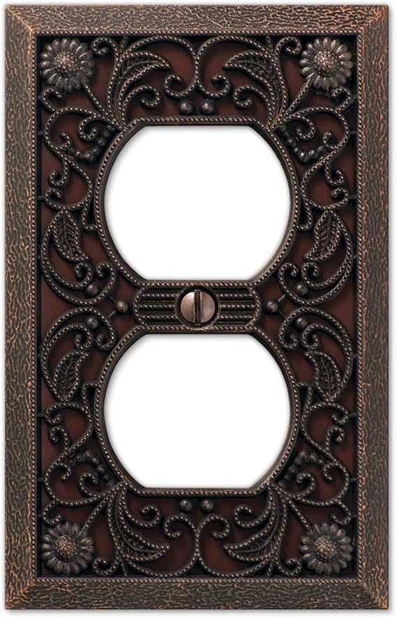 Amerelle 65DDB Filigree Wallplate, 1 Duplex Outlet, Cast Metal, Aged Bronze, 1-Pack