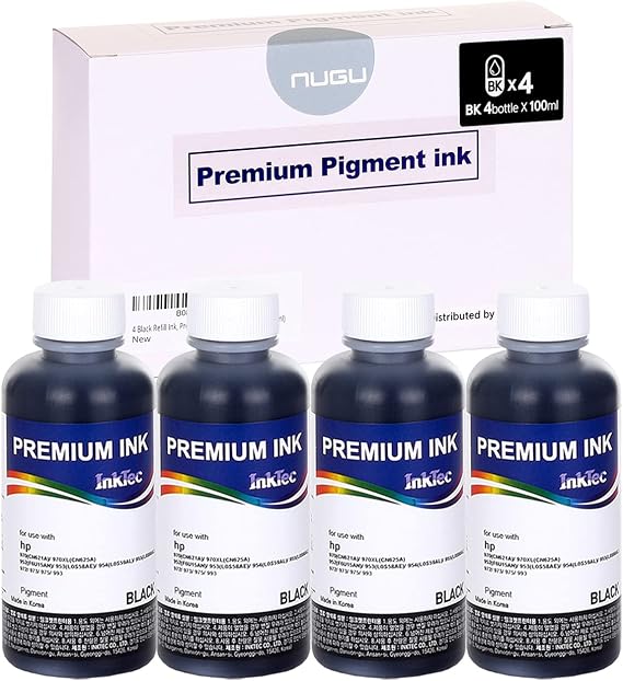 NUGU 4 Black Refill Ink, Premium Pigment Inks Made by in Korea, for HP 970 971 711 903 952 953 954 955 972 973 975 993 Inkjet Printer for Refillable CISS System. Black Color(4x100ml)