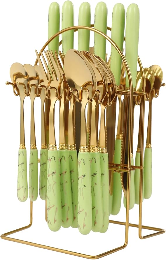24 Pieces Flatware Set, Stainless Steel Cutlery Set with Hanging Holder, with Ceramic Handle Service for 6 Person, Steaks Knife/Fork/Spoon/Coffee Spoon Combination Tableware Set (Light Green)