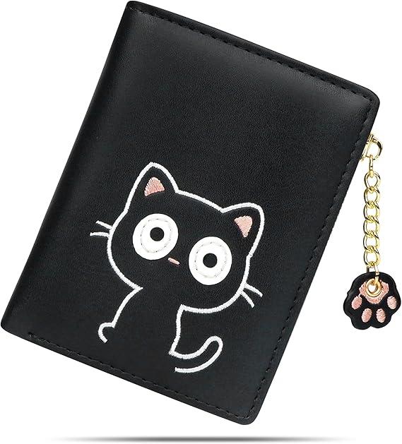 conisy Cute Small RFID Wallet for Women,Bifold Purse for Teen Girls Ladies (cat Black)