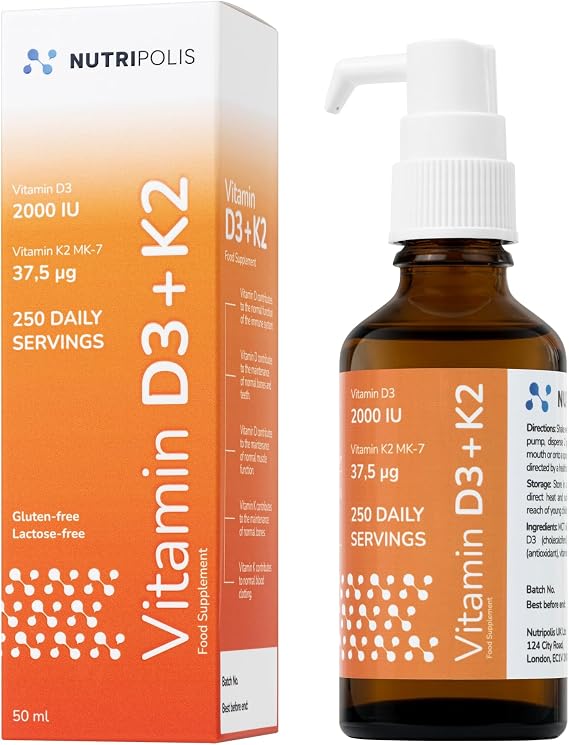 Vitamin D3 K2 2000 IU Liquid Formula (250 Daily Servings, 50ml) | High-Strength D3 and K2 Vitamin, MK-7 in Coconut MCT Oil Formula | Immune, Bone & Muscle Support | Premium Glass Bottle