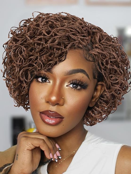 FANCEE Brown Braid Pixie Wig with Baby Hair Double Full Lace Curly Box Braided Bob Wig for Black Women Pre Plucked Knotless Squrare Part Mini Braid