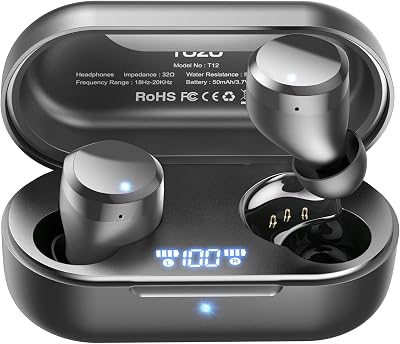 TOZO T12 Wireless Earbuds Bluetooth 5.3 Headphones Premium Sound Performance Touch Control LED Digital Display Wireless Charging Case Earphones Dark Gray