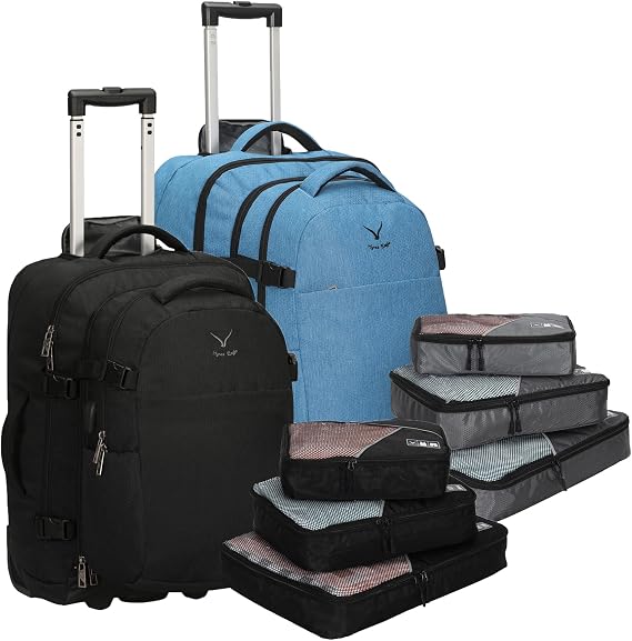 Hynes Eagle 2 in 1 Travel Backpack 22 inches Carry on Luggage 63L Rolling Wheeled Backpack with Packing Cubes 3PCS Set Black with Blue