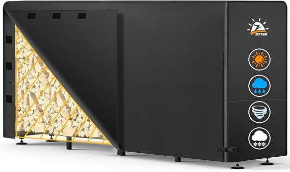 Zettum Firewood Rack Cover 8 Feet - 600D Wood Rack Cover Waterproof & Heavy Duty, 8 Foot Outdoor Log Pile Holder Covers Storage for 8FT Standard Fire Wood Rack Stands (96 x 24 x 49 Inch)