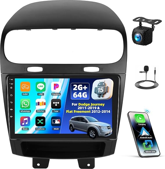 Android 15 Car Radio for Dodge Journey 2011-2019 for Fiat Freemont 2012-2014 with Wireless Carplay Android Auto,9 Touchscreen Car Stereo with Mirror Link WiFi/GPS Bluetooth FM/RDS SWC+Rear Camera