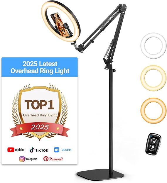 Latest Ring Light with Stand Tripod for iPhone, Overhead Phone Camera Mount with Light and Phone Holder Stand for Recording, 10 Selfie Light for Video,Streaming,Photography, Tiktok, YouTube