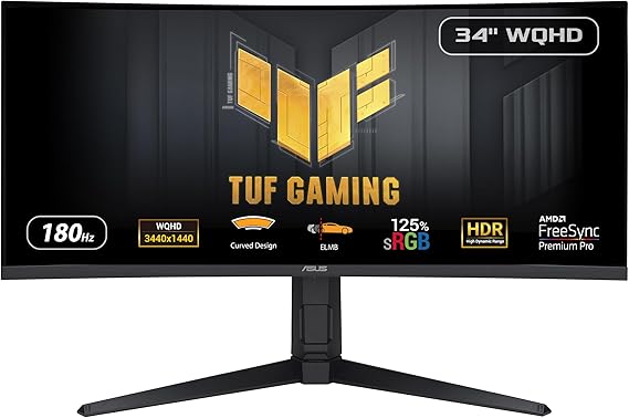 ASUS TUF Gaming 34 1440P 1500R Curved Monitor (VG34VQL3A) - QHD (3440 x 1440), 180Hz, 1ms, Extreme Low Motion Blur, Freesync Premium Pro, 125% sRGB, DisplayHDR 400, Height Adjustable,