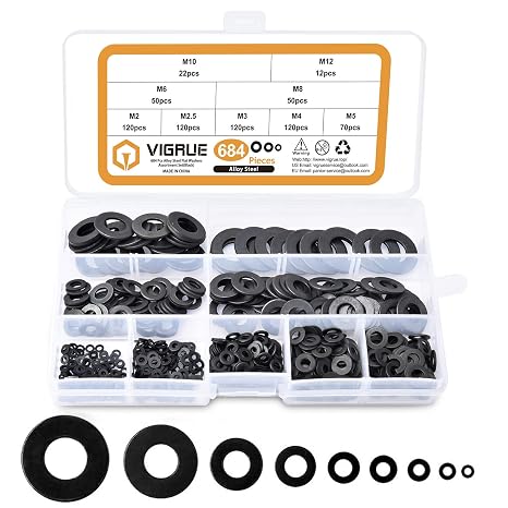 VIGRUE 684Pcs Metric Flat Washers Assortment Kit, M2 M2.5 M3 M4 M5 M6 M8 M10 M12 Black Washers for Screws, Zinc Plated Alloy Steel