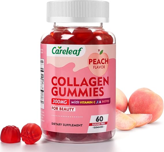 Sugar Free Collagen Gummies with Vitamin C Vitamin E and Biotin,Natural Hydrolyzed Collagen 300mg, Healthy Hair Skin and Nails Vitamins,Peach Flavor,60 Gummies,30 Days Supply