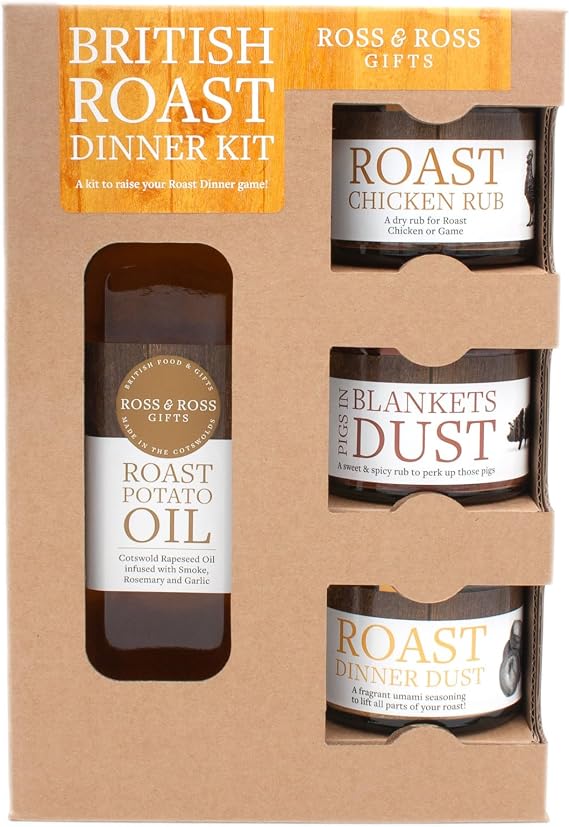 Ross & Ross Gifts - British Roast Dinner Kit Quad Kit, Containing Roast Potato Oil, 250ml, Roast Chicken Rub, 50g, Pigs in Blankets Dust, 50g and Roast Dinner Dust, 50g