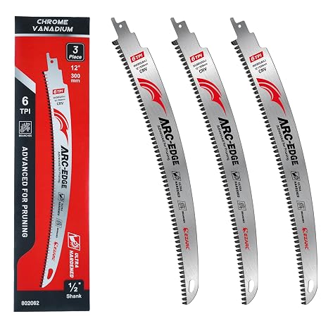 EZARC Reciprocating Saw Blades with Japanese Teeth 3-Piece Curved Edge Reciprocating Saw Blades for Wood 300 mm 6 TPI for Pruning Trees Wood Cutting