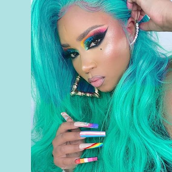 Long Green Wig Lace Front Wigs for Women Fashion Light Curly Real Hair Wigs Coloured Lime Blue Colorful Synthetic Green Wig Natural Heat Resistant Fiber Drag Costume Cosplay 24 Inch