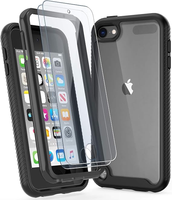 ULAK Compatible with iPod Touch 7th/6th/5th Generation Case with 2PCS HD Screen Protector, Heavy Duty Shockproof Protective 2 in 1 Transparent Back Cover for iPod Touch 5/6/7, Black