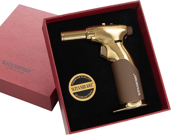 Dual Flame Butane Torch Gun - Refillable Luxury Hand Held Mini Blow Torch for Cooking, Creme Brulee, Soldering, Welding, Resin Art - Adjustable Flame with Ignition Lock - Gold Brown