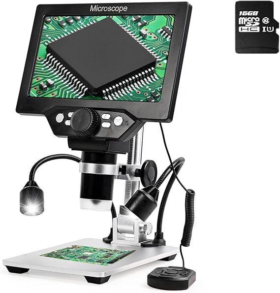 7" LCD Digital Microscope, 1200X 1080P HD Coin USB Microscope with 10 Lights, Wired Remote, PC View, 16GB TF Card, Metal Stand for Soldering PCB Circuit Board Repair