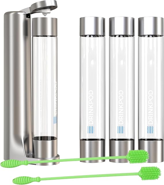Fizzpod Soda Maker Home Soda Carbonation | Fizzy Bubbly Drink Machine with 3 PET Bottles, 3 Caps, 1 Carbonator Cap and Manual | Make Homemade Sparkle Water, Juice, Coffee, Tea and Cocktail Drinks with Fruit (Silver+2GreenBrush)