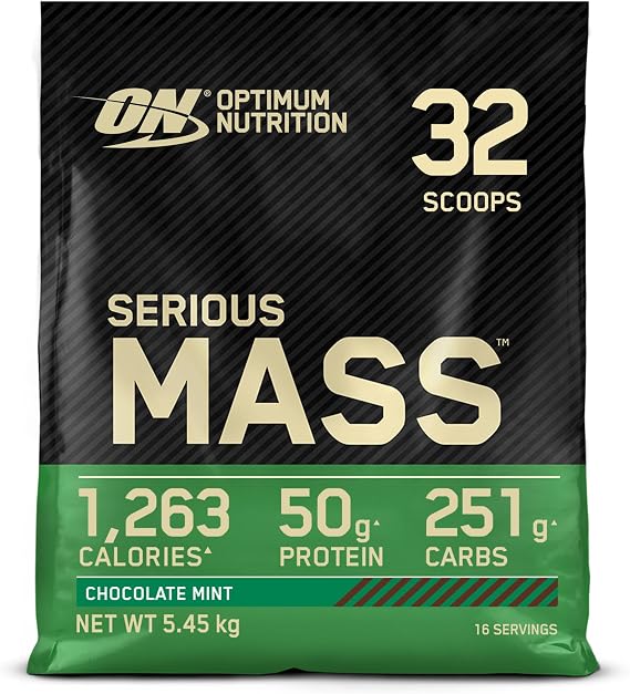 Optimum Nutrition Serious Mass Protein Powder with Creatine, Glutamine, 25 Vitamins and Minerals, Chocolate Mint Flavour, 16 Servings, 5.45KG