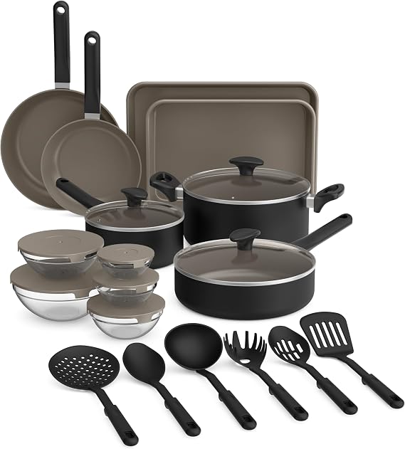 bella 21 Piece Kitchen Set with EverGoodTM Ceramic Nonstick Coating, Dishwasher & Oven Safe, All Stovetops Compatible, Tempered Glass Lids & Cool Touch Handles, Black