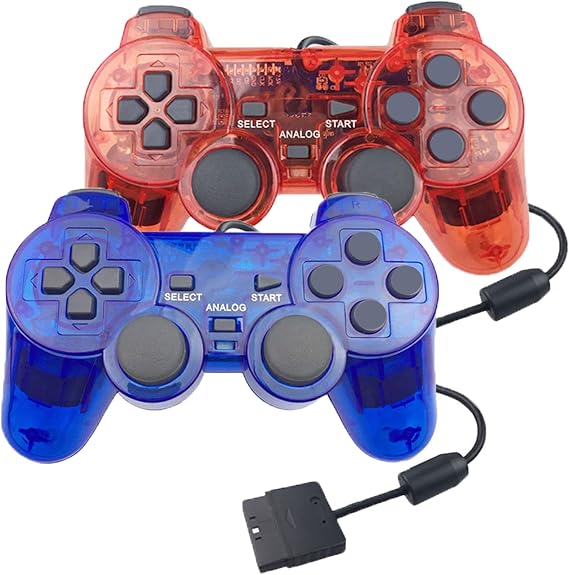 Hovlian 2 Pack PS2 Wired Controller,Double Shock Gamepad Compatible with PS2 Controller (Clear Blue and Clear Red)