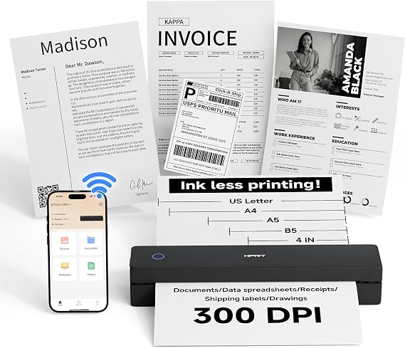 HPRT MT620 Pro Portable Printer Wireless for Travel, Inkless Thermal Printer for iOS/Andorid/Laptop, Support Thermal Paper & Labels,Supports 8.5"x 11"US Letter & A4, A5 for Office/School/Vehicles