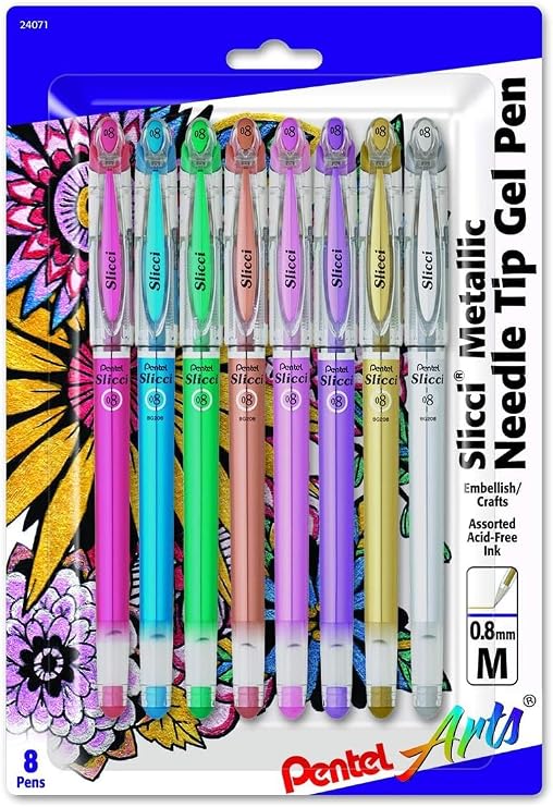 Pentel Arts Slicci METALLIC 0.8mm Needle Tip Med Gel Pen Assorted Metallic Ink, 8 Pack