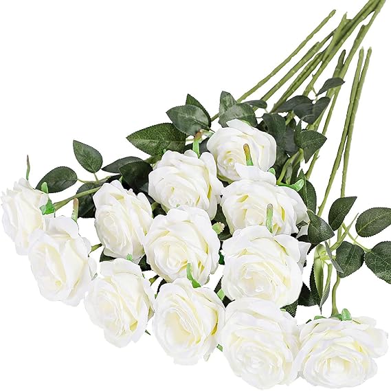 10 PCS Artificial Roses, Artificial White Roses Silk Flowers, Bridal Wedding Bouquet Realistic Flower for Home Garden Party Arrangment Garden Decoration