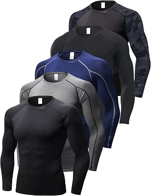 5 Pack Compression Shirts for Men Long Sleeve Camouflage Athletic Workout T-Shirt Baselayer Football Undershirt Tops