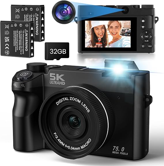 5K Digital Camera, 75MP Vlogging Camera with WiFi Dual Lens | Autofocus Compact Camera with WiFi, Selfie Lens, 18X Zoom, Webcam Mode & 32GB Card for YouTube, Travel, Beginners, Black