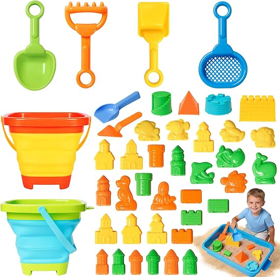 Collapsible Beach Toys Set for Kids - Foldable Sand Bucket and Spade Beach Set Kids and 36PCS Sand Molds with Tray Bundle for Kids