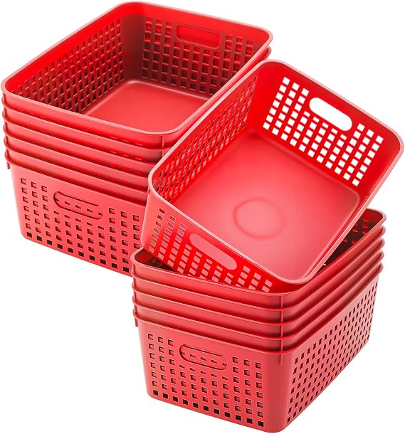Lineshading 12 Pack Plastic Storage Baskets for Organizing, Red
