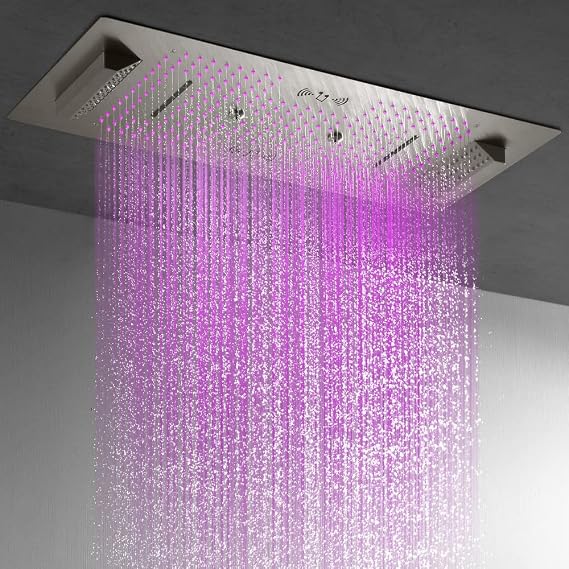 Verona 16"x36" Luxury LED Shower Head with Bluetooth Speakers by Cascada Showers, 4 Functions showerhead (Rainfall, Waterfall, Mist & Side Rainfall) (Antique Brass)
