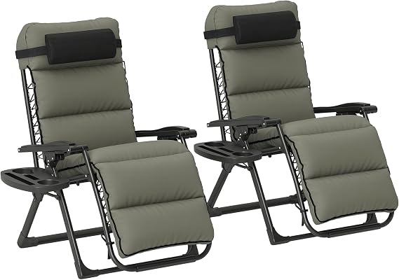 Outsunny Zero Gravity Chairs Set of 2 Reclining Folding Headrest Gray | Folding, Outdoor Lounge Chairs, Removable Cushion, Headrest, Cup Phone Holder Tray, Patio, Beach