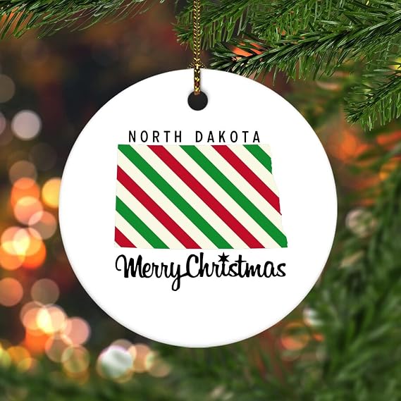 Merry Christmas US North Dakota State Map Christmas Ornament Ceramic Round For Xmas Tree Decoration Holiday Collectible Xmas Souvenir New Year Gifts for Family Stocking Stuffer Ornaments