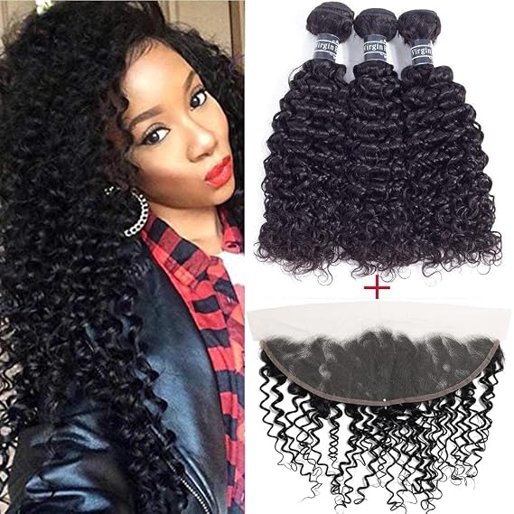 Amella Hair 8A Brazilian Hair Frontal with Bundles Kinky Curly 3 Bundles with Free Part Lace Frontal 16 18 20+16 inch Unprocessed Virgin Brazilian Hair #Black