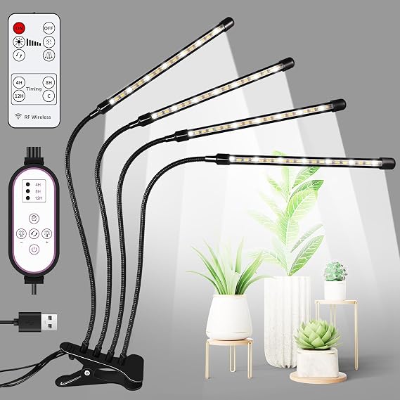 Plant Grow Light, LED 4 Heads, Clip Type, Number of Lights Freely Switchable, Remote Control, Timer Included