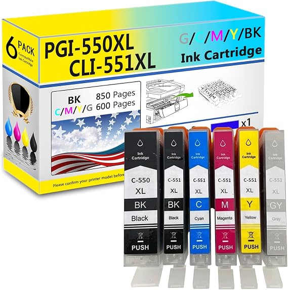 PGI-550XL CLI-551XL Ink Cartridges Compatible for Canon PGI-550 CLI-551 Ink Cartridge Work for Canon MG5450 MG5550 MG5650 MG6350 MG6450 MG6650 MG7150 IP7250 Printers
