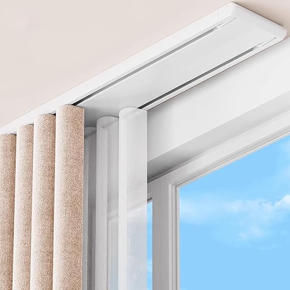 Double Row Curtain Track Ceiling Mounted, Silent Aluminum Heavy Duty Curtain Track System, Sliding Rails for Curtains, Living Room, Bedroom, Room Divider, Easy Installation (White, 1.7m)
