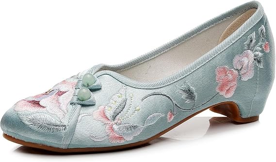 Ladies Hanfu Antique Style Shoes Chinese Traditional Style Embroidered Flower Shoes Casual Pointed Toe Old Beijing Cloth Shoes Cheongsam Yoga Ballet Shoes(Color:Green,Size:5.5 UK)