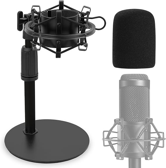 Upgraded AT2020 Desktop Mic Stand, Adjustable Mic Stand Desk with Shock Mount and Foam Windscreen for Audio Technica AT2020 AT2020USB+ AT2035 ATR2500 Condenser Mic