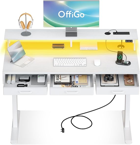 OffiGo Standing Desk with 3 Storage Drawers, 120cm Height Adjustable Desk | Electric Sit Stand Table with Monitor Stand, LED Lights, Power Outlet, Space Saving for Small Home Office Living Room, White