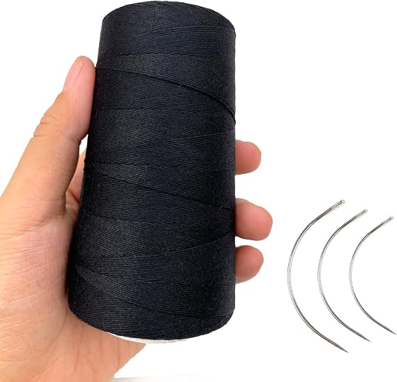 Thick Polyester Thread for Wig Making & Hair Extension Sewing, Black, 3 Pcs Curved Needles