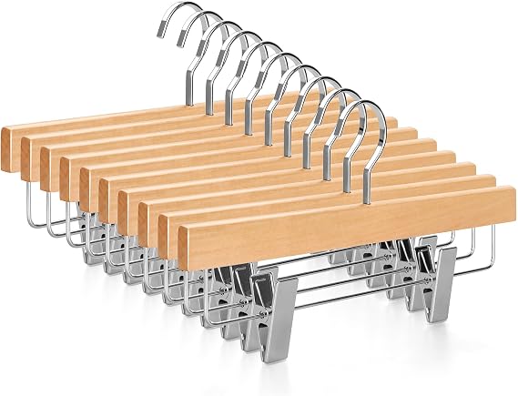 TOPIA HANGER Pants Hangers, Luxury Natural Wooden Skirts Hangers with 2 Big Premium Metal Clips and 360 Swivel Anti-Rust Flat Hook, 20 Pack Boutique Hanger for Skirts, Trousers, Jeans, Slacks, CT03N