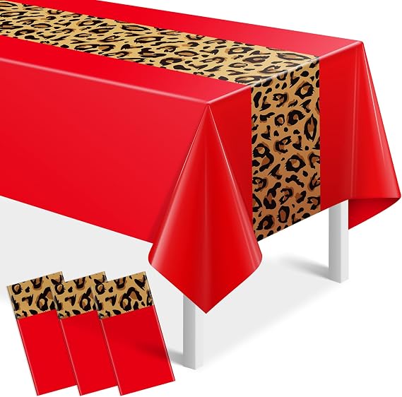 3 Pack Leopard Print Party Tablecloth Decorations, Safari Animal Cheetah Plastic Table Cloth Red Leopard Runner Disposable Rectangle Table Cover for Baby Shower Birthday Party Supplies, 54x108 Inch
