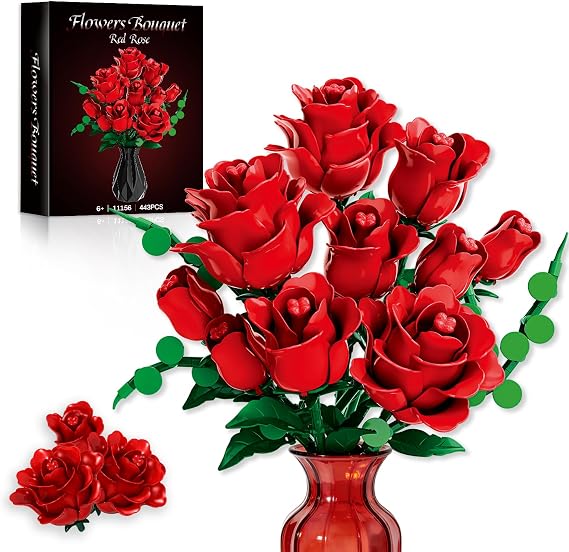 Red Rose Bouquet Building Blocks Set - Lego Compatible 12Pcs Flowers Botanical Collection Kit with Mixed Roses & Leaves,Valentines Gifts for Adults Women Mom Wife Couple Home Decor (No Vase)