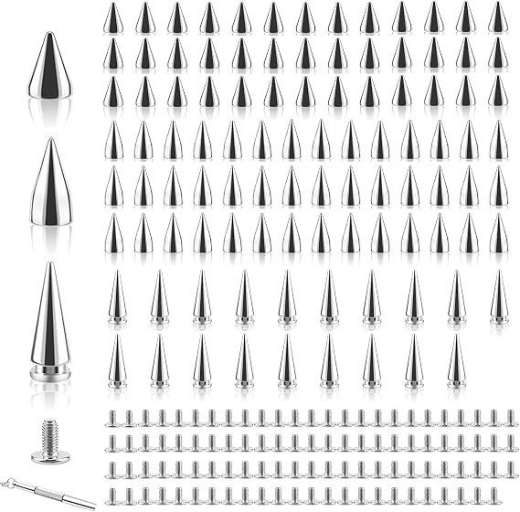 100pcs Cone Spikes Studs Rivets,Studs for Clothing & Rivets for Leather Kit,7mm Silver Cone Spikes Screw Back Punk Rock DIY Studs for Crafts, Bags, Jackets, Jewelry Making with 3 Sizes & Screwdriver