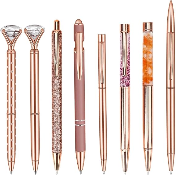 8 Pack Rose Gold Pens - Diamond Crystal Metal Ballpoint Pens with Black Ink, Fancy Sparkly Pens for Business School Office Gifts