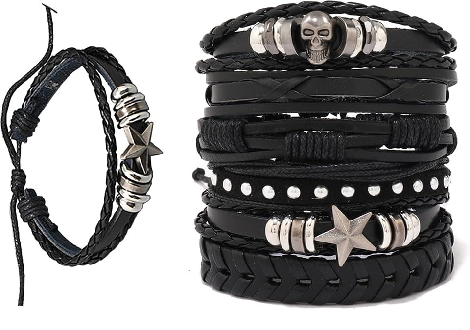 6 Pack Punk Goth & Emo Bracelets Adjustable Leather Cuff Wristbands with Studs