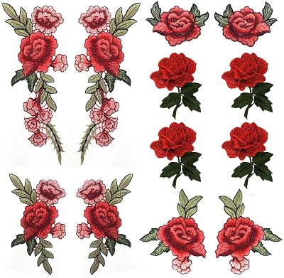 12 Pieces Red Rose Embroidered Flower Applique Patches Sew On Arts Crafts DIY Decor, Jeans, Jackets, Clothing, Bags